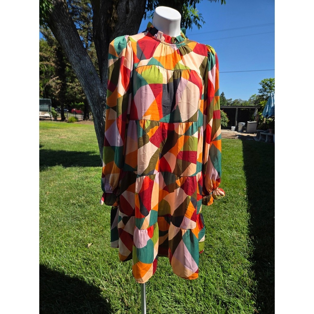 Easel Geometric Mosaic Tiered Babydoll Dress Green Orange Small ED71033